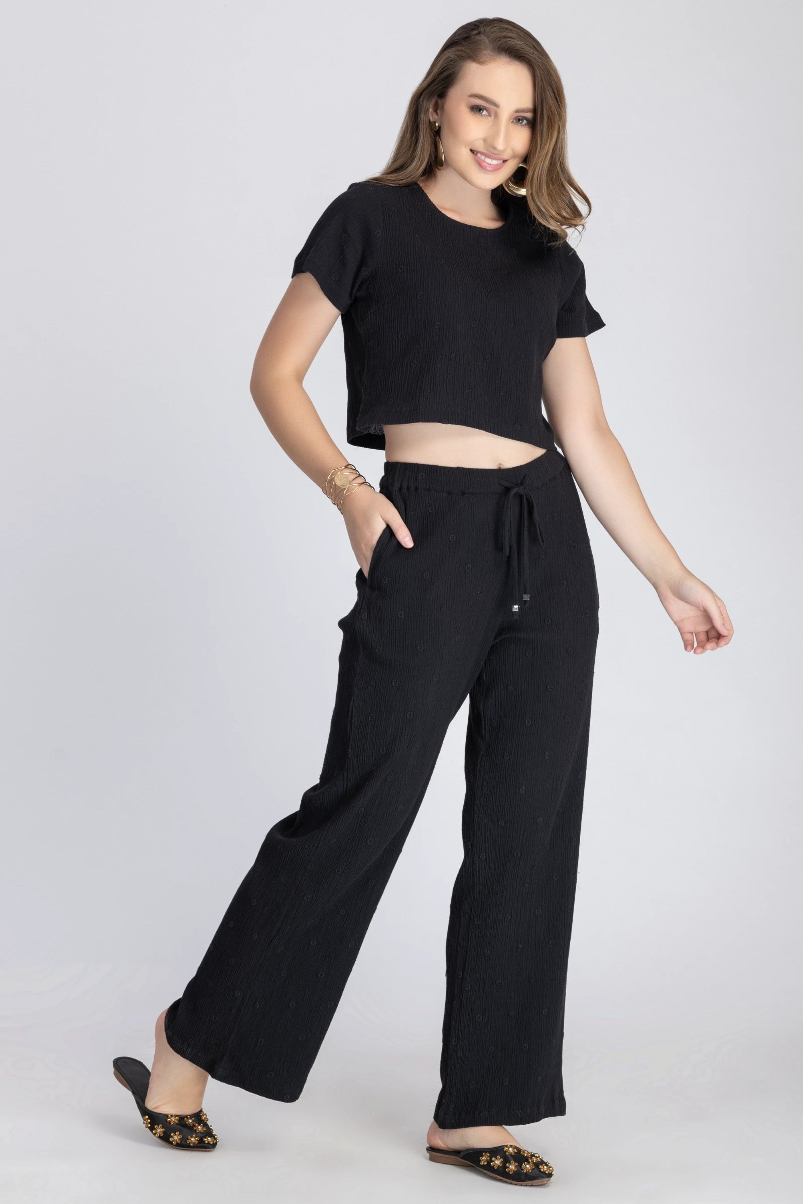 Crinkle Crepe Crop Top+Pants(Black)