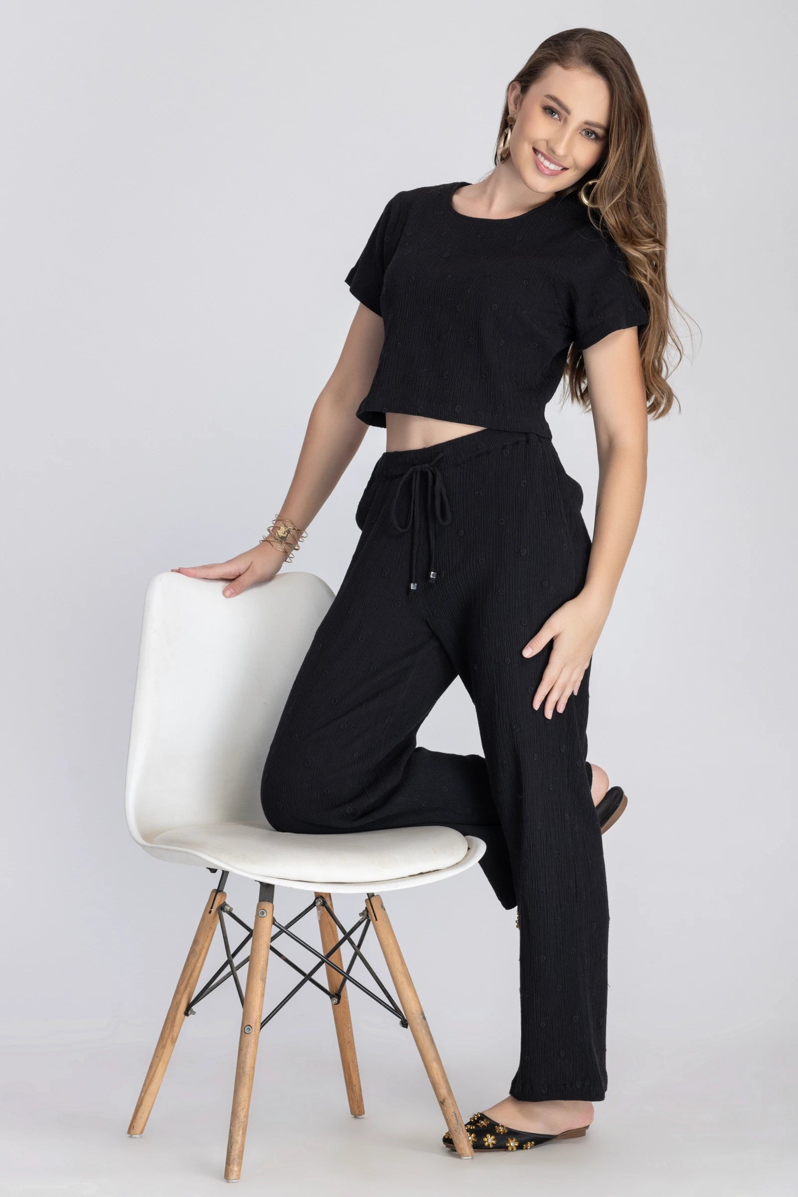 CRINKLE CREPE CROP TOP+PANTS(BLACK)