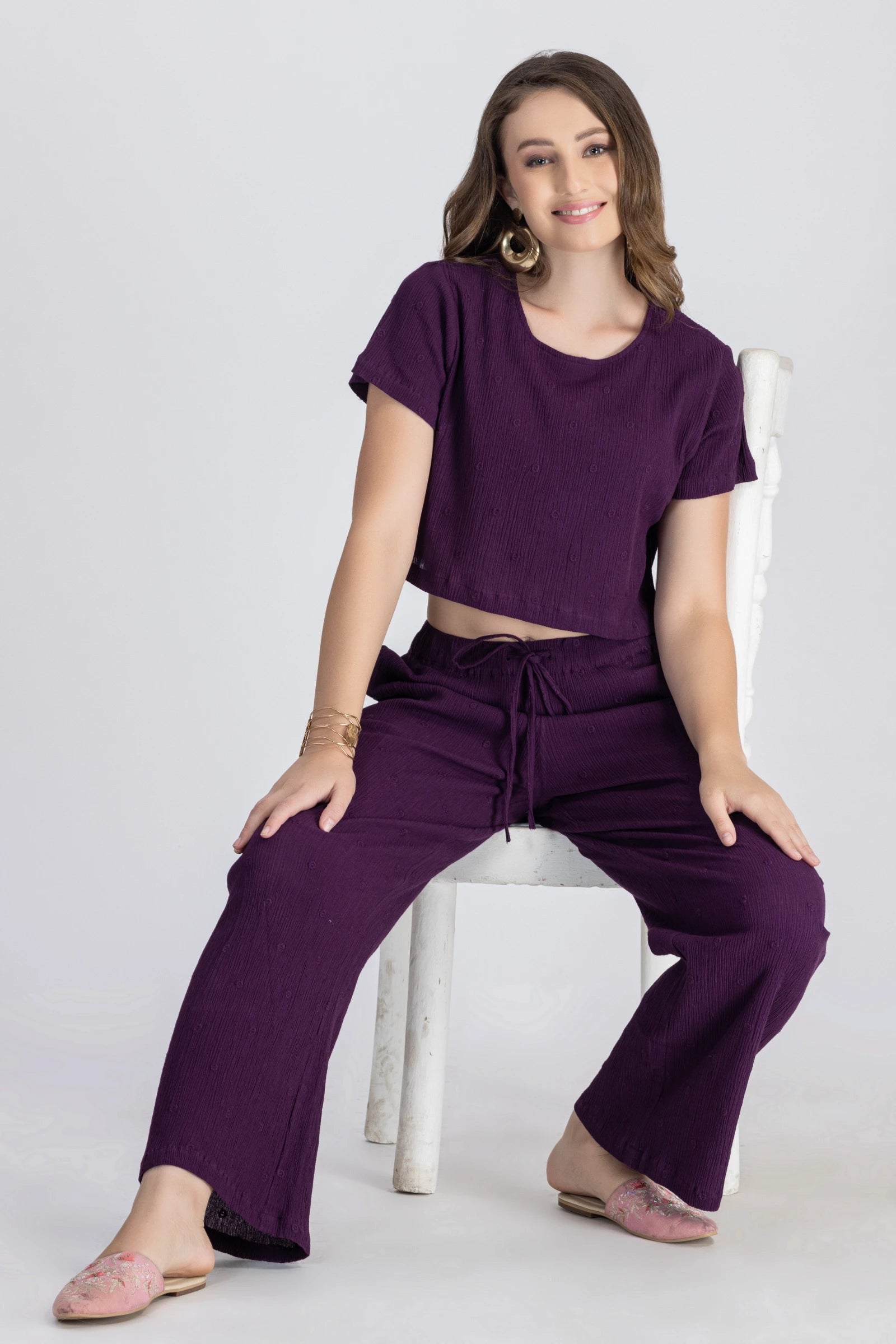 Crinkle Crepe Crop Top+Pants(Purple)