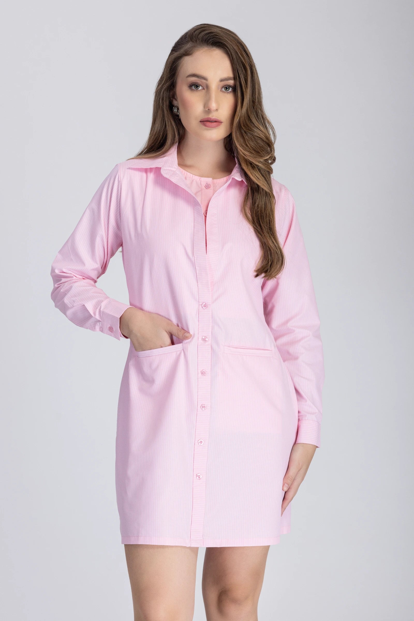 Double Placket Shirt Dress ( Baby Pink )
