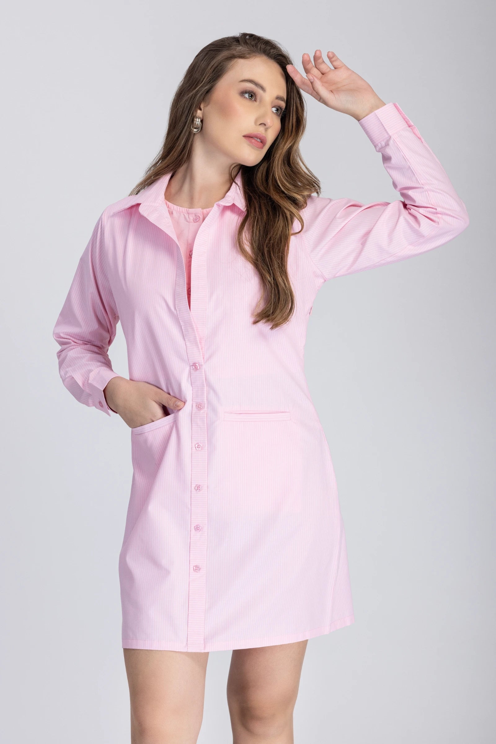 Double Placket Shirt Dress ( Baby Pink )