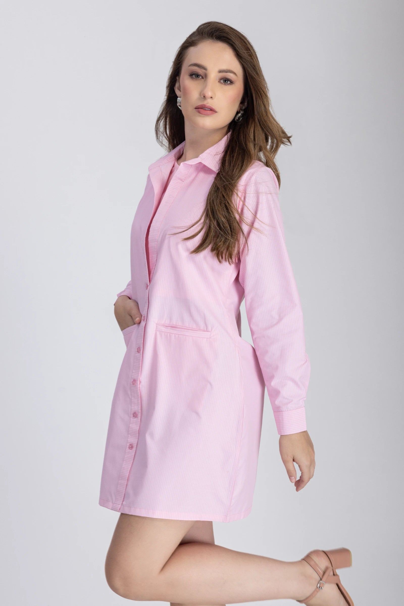 Double Placket Shirt Dress ( Baby Pink )