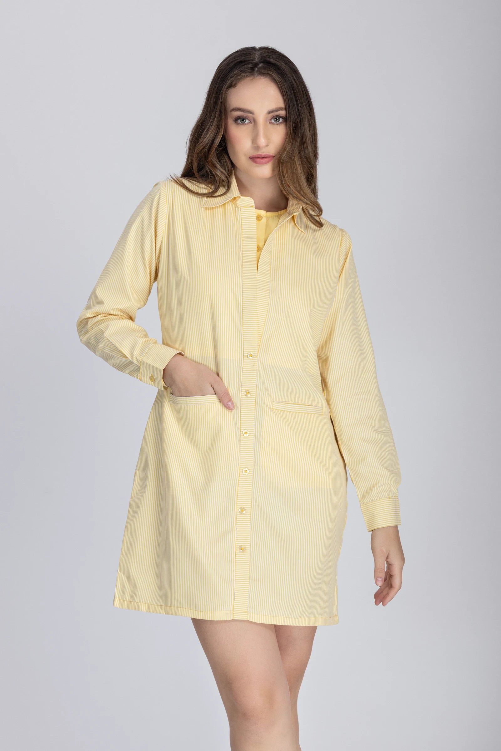 Double Placket Shirt Dress ( Yellow )