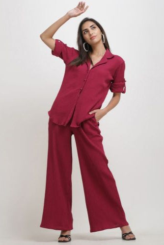 Crinkle Crepe Shirt+Pants(Hot Pink)