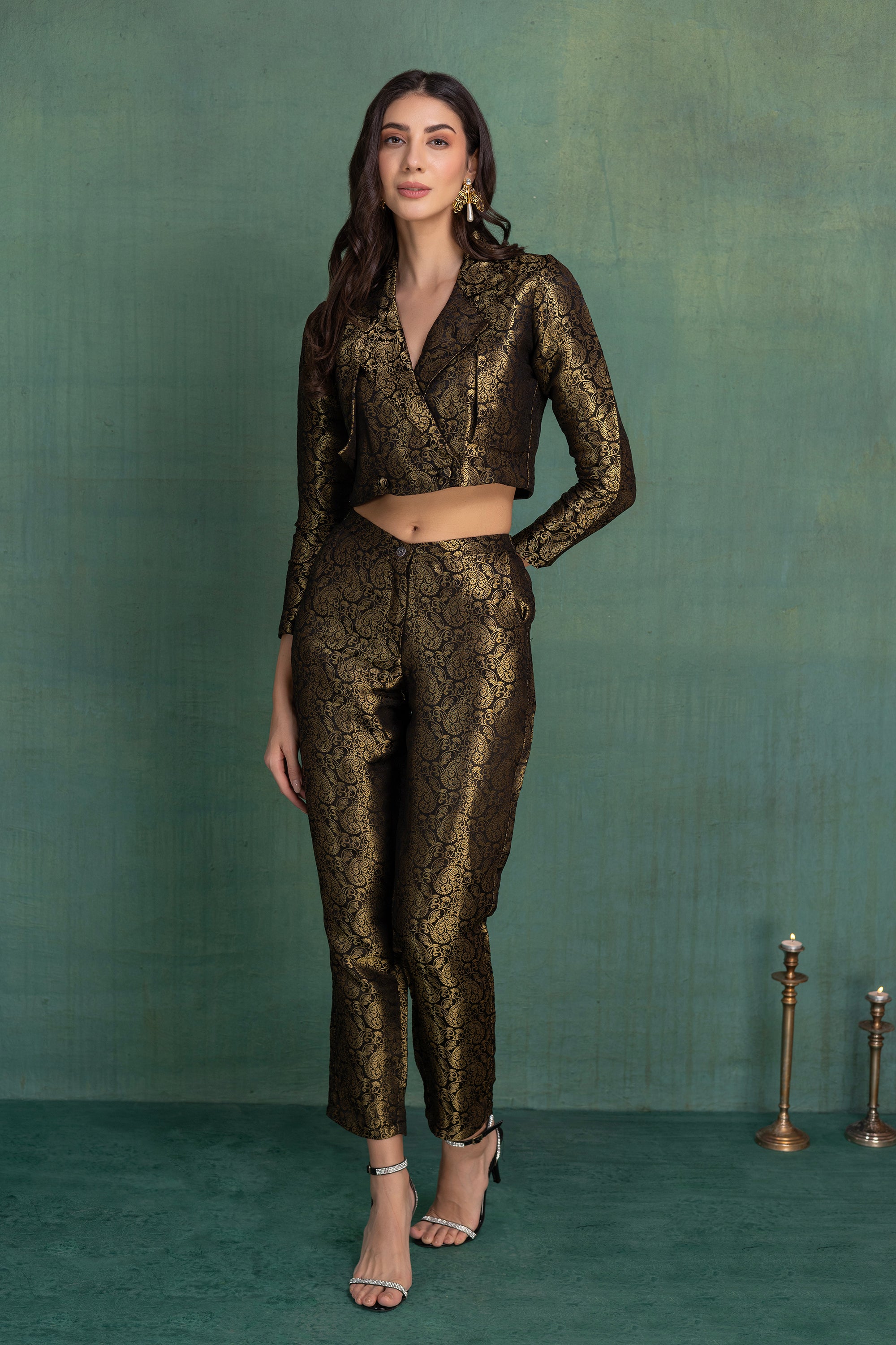 Midnight Brocade Pants with Crop Jacket