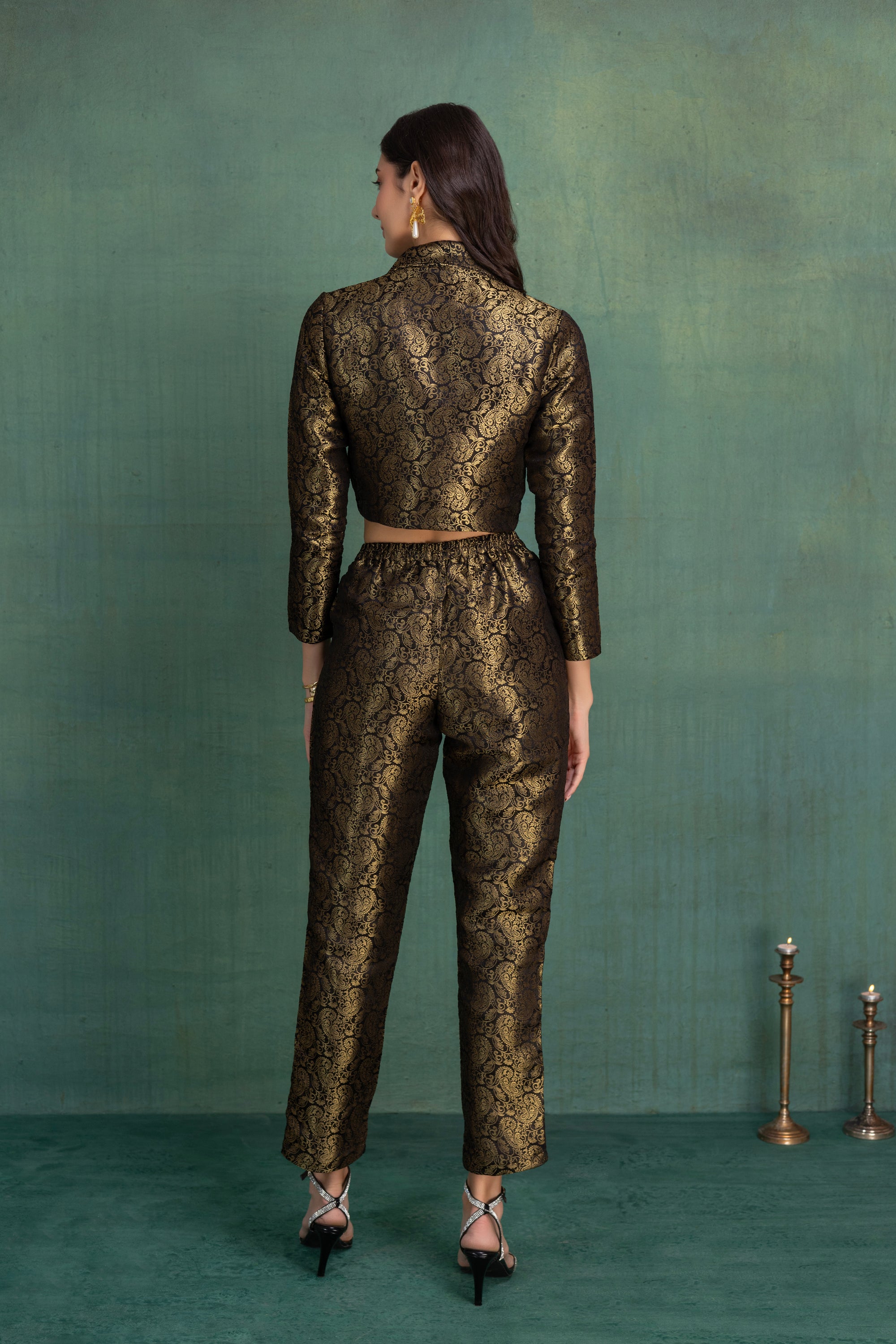 Midnight Brocade Pants with Crop Jacket