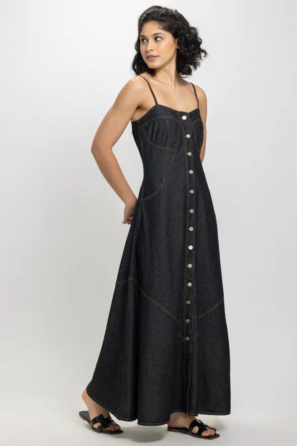 Button Down Denim Dress ( Black )