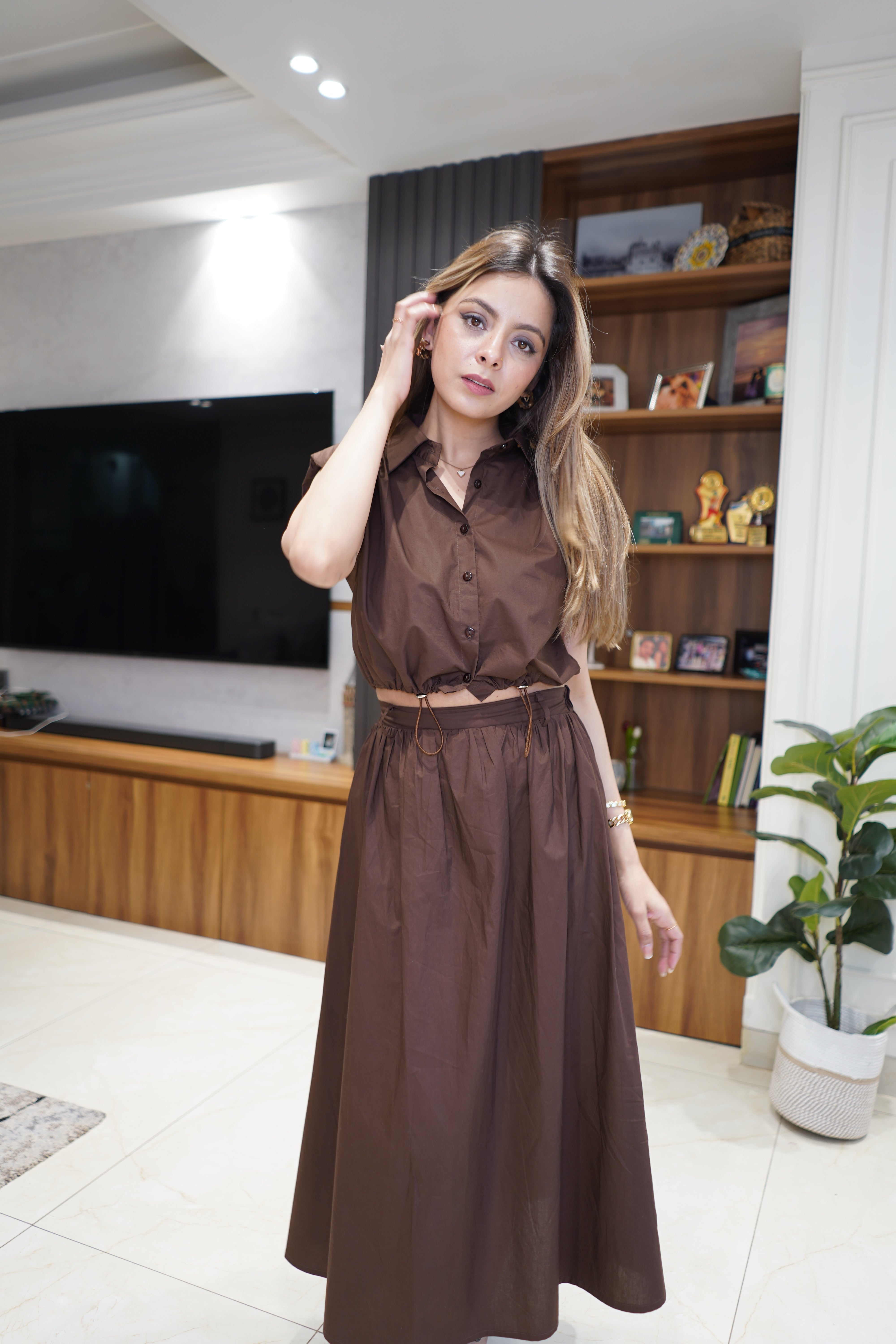 Brown Popline Skirt Set