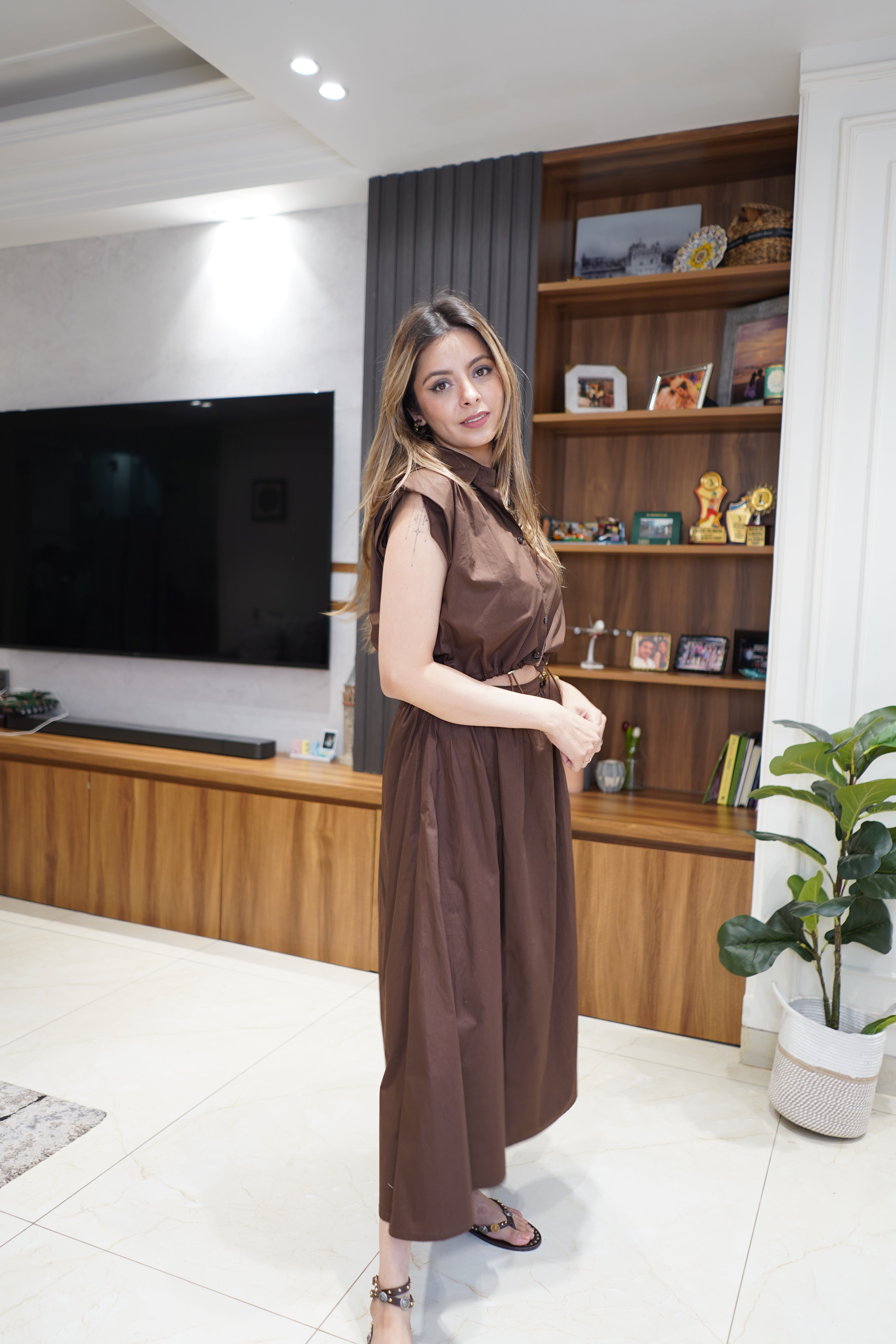 Brown Popline Skirt Set