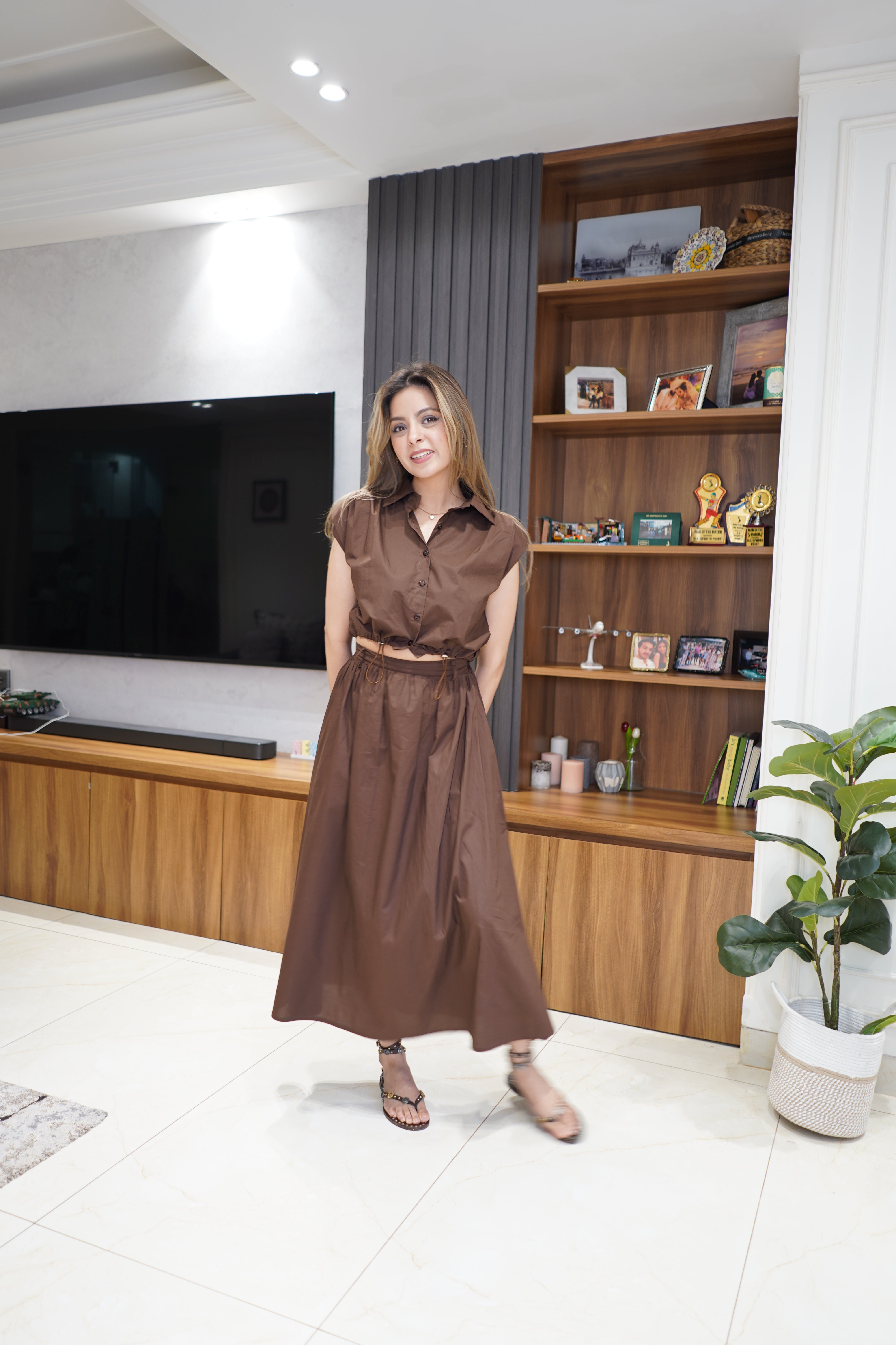 Brown Popline Skirt Set