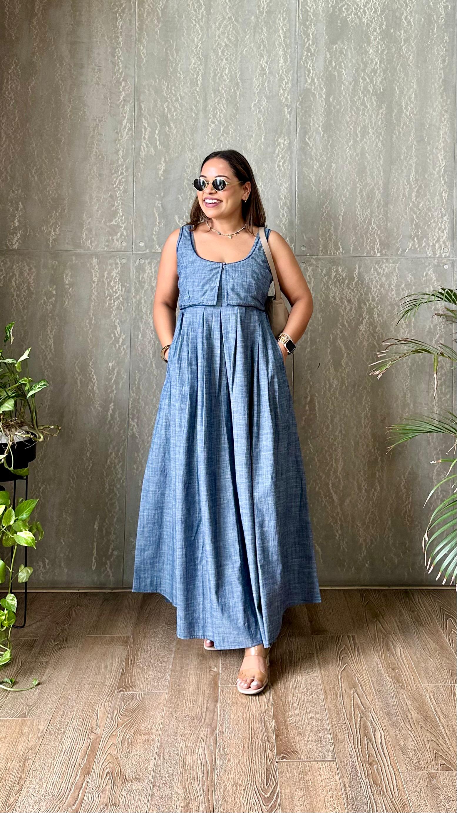 Denim pleated dress best sale